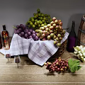 Fresh Grapes In Basket With Plaid Cloth Wine Bottles Glasses And Wooden Barrel