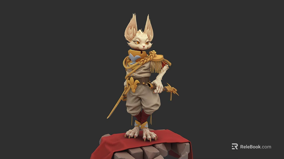 Anthropomorphic Fox Game Character With Big Ears Golden Outfit Holding Sword On Red Stone Pedestal 3d model 
