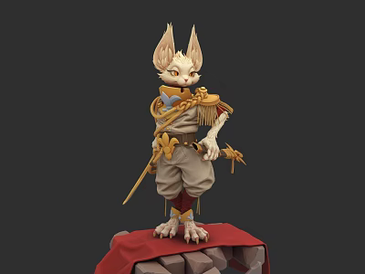 Anthropomorphic Fox Game Character With Big Ears Golden Outfit Holding Sword On Red Stone Pedestal 3d model