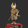 Anthropomorphic Fox Game Character With Big Ears Golden Outfit Holding Sword On Red Stone Pedestal