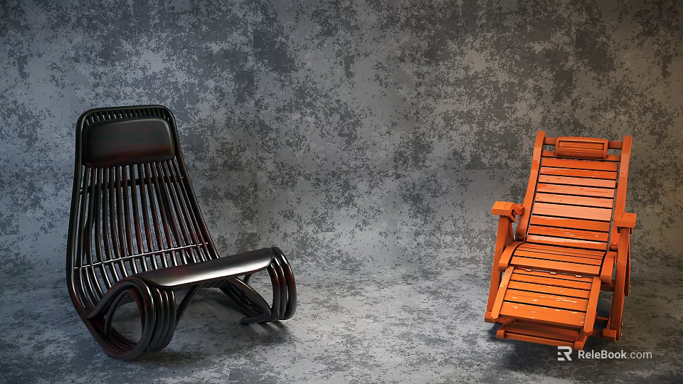 Modern And Classic Lounge Chairs In Black And Natural Wood With Textured Gray Background 3d model 