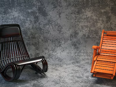 Modern And Classic Lounge Chairs In Black And Natural Wood With Textured Gray Background 3d model