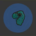 Modern Scene With Blue Water Green Island And Curved Tree Hanging Elements