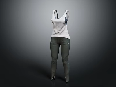 Stylish White Tank Top With Dark Skinny Pants Casual Fashion Outfit Look 3d model