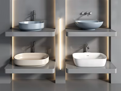 Modern Wall Mounted Washbasins In Various Colors On Grey Shelves With Lighting 3d model