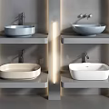 Modern Wall Mounted Washbasins In Various Colors On Grey Shelves With Lighting