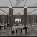 Luxurious Banquet Hall Interior With Crystal Chandeliers White Tables And Chairs