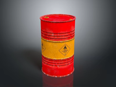 Red Oil Drum With Yellow Label And Flame Symbol On Dark Background 3d model