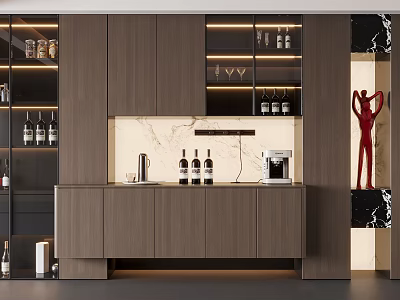 Elegant Modern Wine Cabinet With Wooden Panels Marble Backsplash Wine Bottles And Decorative Sculpture 3d model