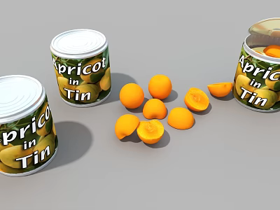 Apricot Food Display With Open Tin Cans And Scattered Halves On Surface 3d model