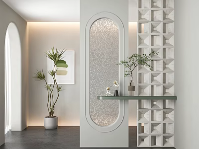 Modern Decorative Partition With Arched Glass Panel And Green Shelf For Interior Design 3d model