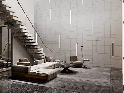 Modern Basement Interior With Staircase And Furniture 3d model