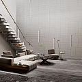 Modern Basement Interior With Staircase And Furniture