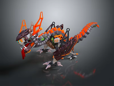 Lego Style Mechanical Dragon Figure With Orange Black Parts And Mechanical Structure 3d model