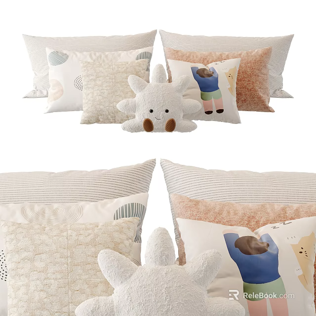 Soft Colored Bed Linens Set With Striped Pillows Cartoon Pattern Cushions And Sun Shaped Plush Toy 3d model 
