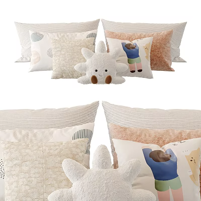 Soft Colored Bed Linens Set With Striped Pillows Cartoon Pattern Cushions And Sun Shaped Plush Toy 3d model