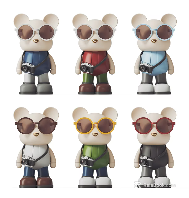 Cute Bear Sculptures With Colorful Sunglasses Mini Cameras And Varied Outfits 3d model 