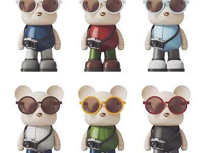 Cute Bear Sculptures With Colorful Sunglasses Mini Cameras And Varied Outfits 3d model