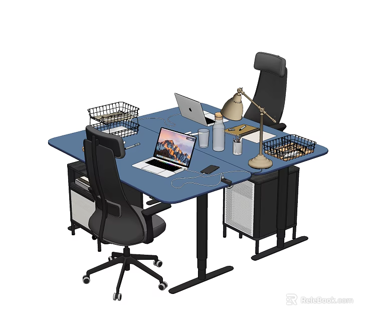Modern Office Desk With Blue Desktop Black Chairs Laptop Table Lamp And Wire Basket 3d model 