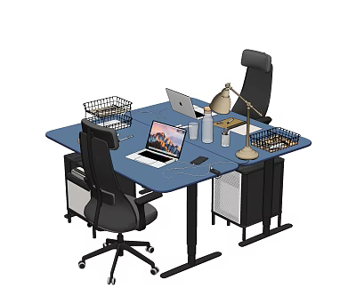 Modern Office Desk With Blue Desktop Black Chairs Laptop Table Lamp And Wire Basket 3d model