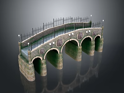 Stone Arch Bridge With Iron Railings Street Lamps And Decorative Circular Patterns 3d model