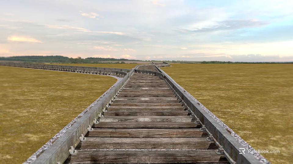 Long Scenic Wooden Boardwalk Pathway Through Open Grassland With Cloudy Sky 3d model