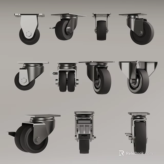 Different Types of Swivel Caster Wheels With Metal Brackets And Rubber Tires 3d model 
