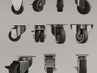 Different Types of Swivel Caster Wheels With Metal Brackets And Rubber Tires 3d model