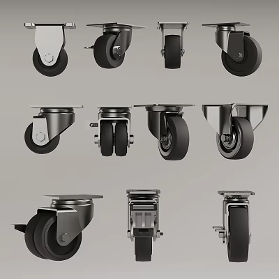 Different Types of Swivel Caster Wheels With Metal Brackets And Rubber Tires 3d model
