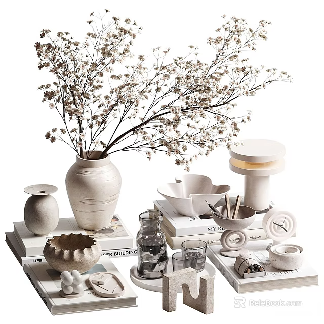 Decorative Ornament Set With Dried Flowers Vase Bowls Cups And Stacked Books 3d model 