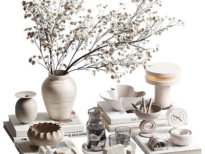 Decorative Ornament Set With Dried Flowers Vase Bowls Cups And Stacked Books 3d model