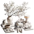 Decorative Ornament Set With Dried Flowers Vase Bowls Cups And Stacked Books