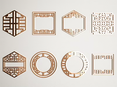 Traditional Chinese Carved Decorative Designs with Various Geometric Shapes and Golden Hollowed Patterns 3d model