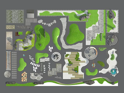 Garden Ornaments Layout With Stone Paths Green Lawns Circular Water Features And Wooden Steps 3d model