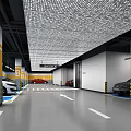 Underground Parking Garage With Yellow Columns Letter B Signs White Floor Arrows And Parked Cars