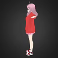 3D Anime Character With Pink Hair Red Hoodie Plaid Skirt Arms Outstretched On Black Background