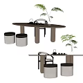 Modern Tea Table And Chairs With Oval Top Simple Design Green Plants And Stools 3d model
