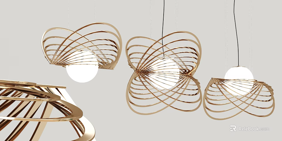 Modern Gold Curved Metal Frame Chandeliers With White Bulbs For Interior Design 3d model 
