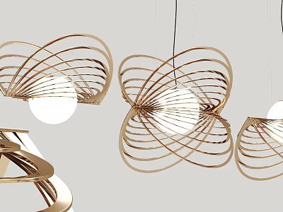 Modern Gold Curved Metal Frame Chandeliers With White Bulbs For Interior Design 3d model