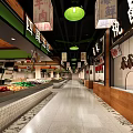 Supermarket Grocery Store with Fresh Fruits Vegetables Display Counters and Bright Lighting Aisles