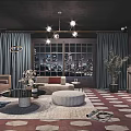 Elegant Living Room Interior With Dark Wooden Walls Blue Curtains And Geometric Floor Tiles