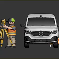 Surveyor With Safety Gear Using Yellow Surveying Equipment Near White Mercedes Van
