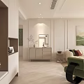 Elegant Living Dining Room Interior With Beige Sofa Green Armchair Coffee Table Rug And Paintings