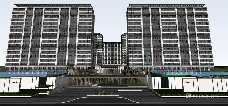 Modern High Rise Residential Buildings With Entrance Canopy And Landscaped Access Road 3d model 