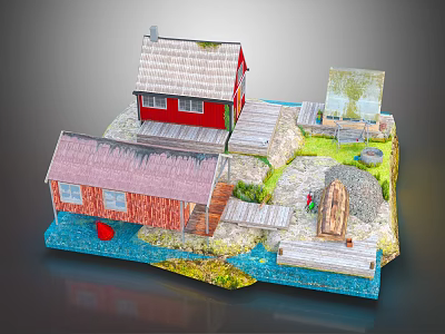 Cartoon Scene Featuring Red Houses Wooden Dock Small Boat Blue Water Green Grass Little Figure 3d model