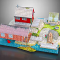 Cartoon Scene Featuring Red Houses Wooden Dock Small Boat Blue Water Green Grass Little Figure