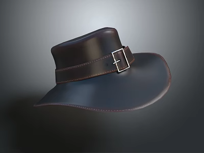 Black Leather Wide Brim Hat With Adjustable Belt Buckle Design 3d model