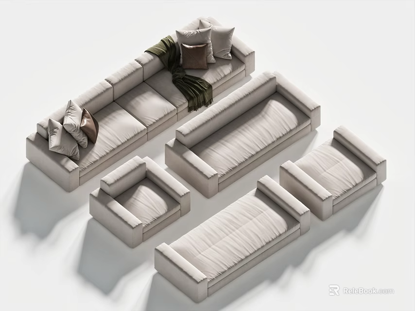 Modular Sofa Set With Light Colored Upholstery Multiple Cushions And Green Throw Blanket 3d model