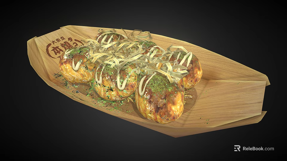 Delicious Traditional Japanese Takoyaki on Wooden Plate with Sauce and Shredded Nori 3d model 