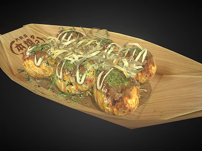 Delicious Traditional Japanese Takoyaki on Wooden Plate with Sauce and Shredded Nori 3d model